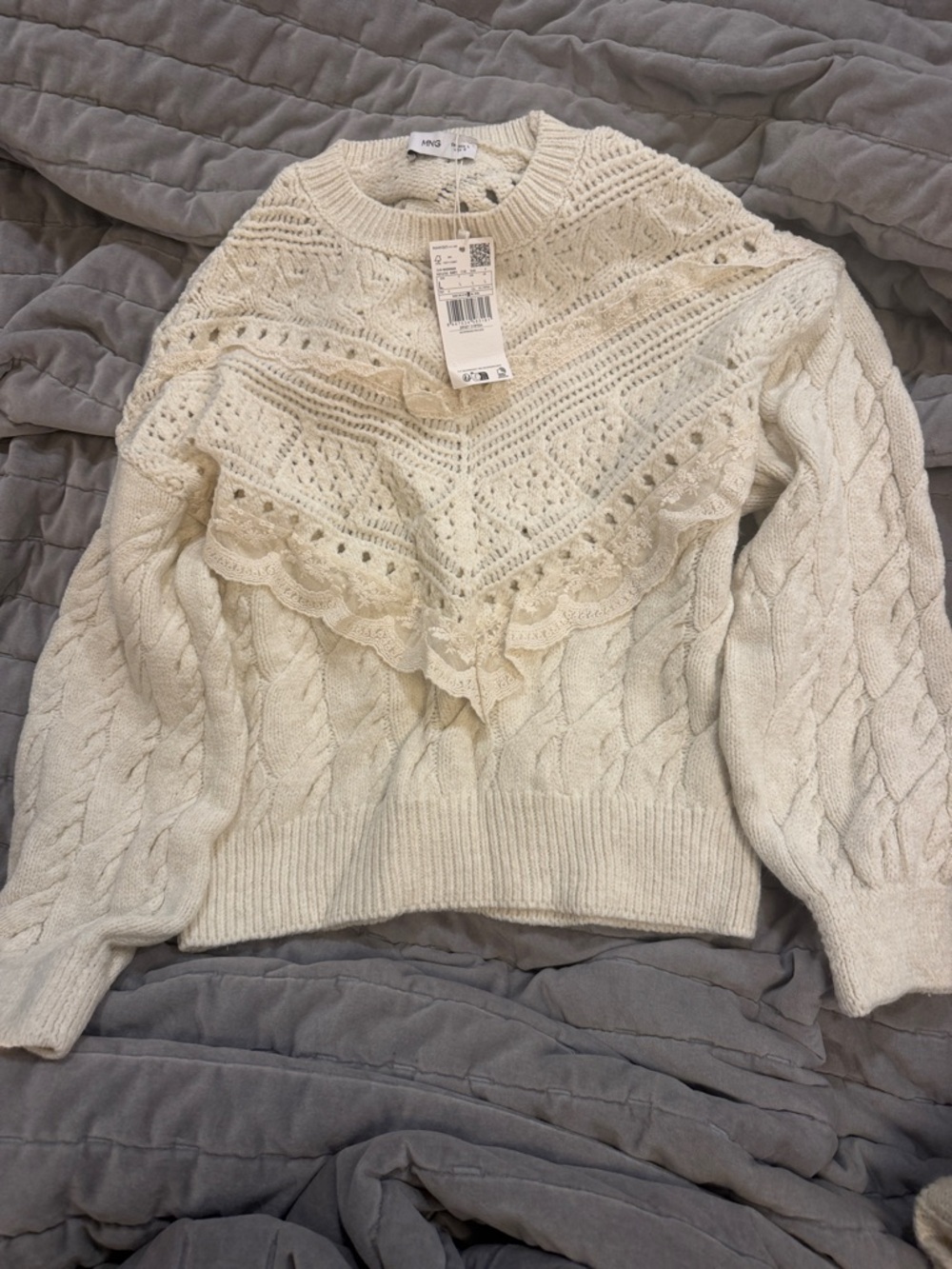 Mango Ivory Lace-Trim Cable Knit Crew Sweater